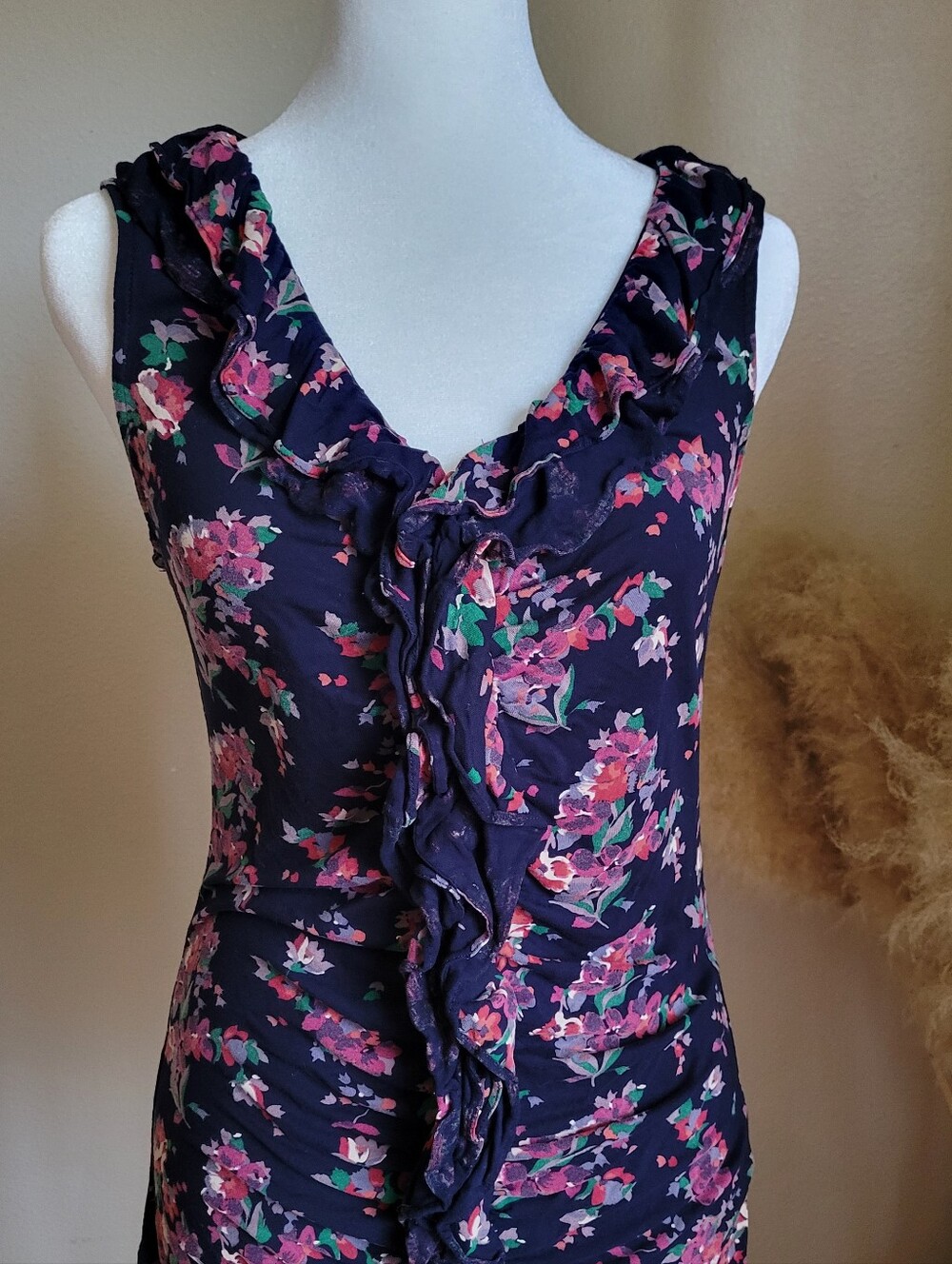 Express Sleeveless Ditzy Ruffle Front Top Sz S Lightweight Navy Blue Floral Y2K